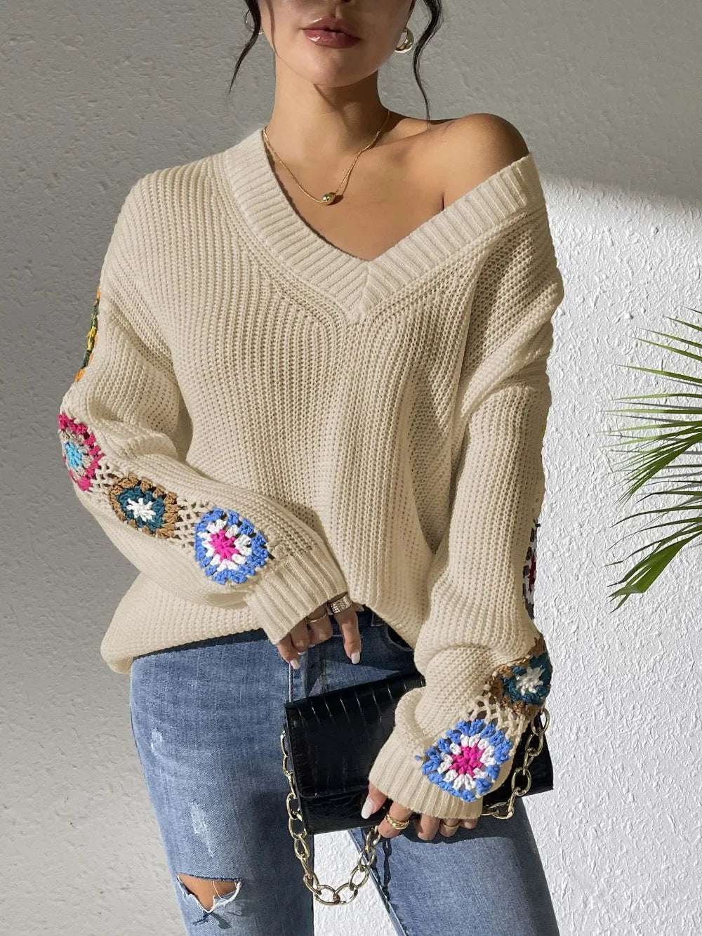 Kine | Scandinavian Floral Sleeve V-Neck Sweater - Premium Sweater from GetDore -   Shop now at Get Dore