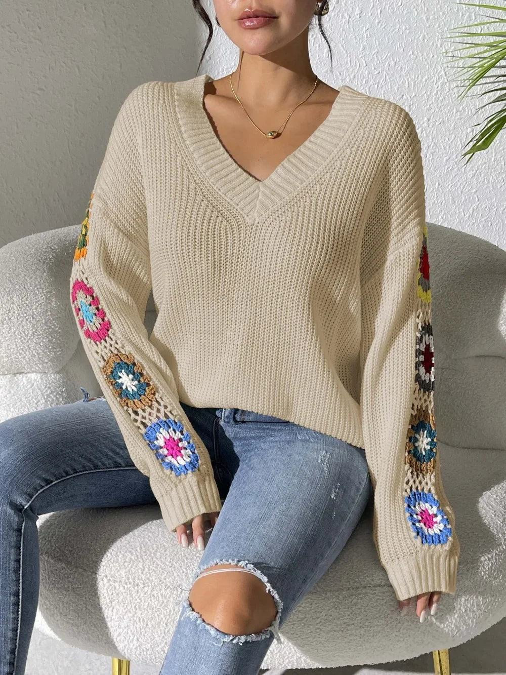 Kine | Scandinavian Floral Sleeve V-Neck Sweater - Premium Sweater from GetDore -   Shop now at Get Dore