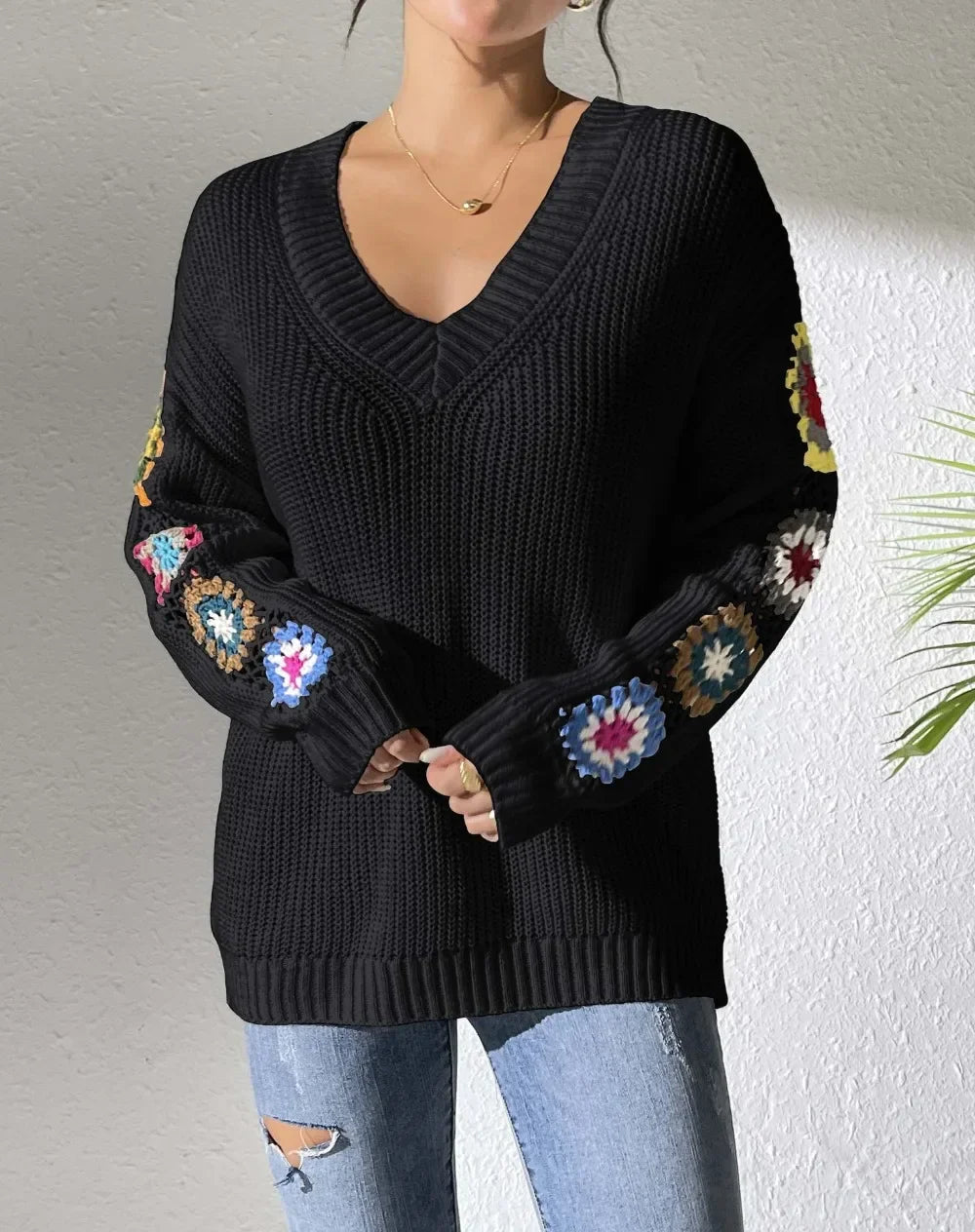 Kine | Scandinavian Floral Sleeve V-Neck Sweater - Premium Sweater from GetDore -   Shop now at Get Dore