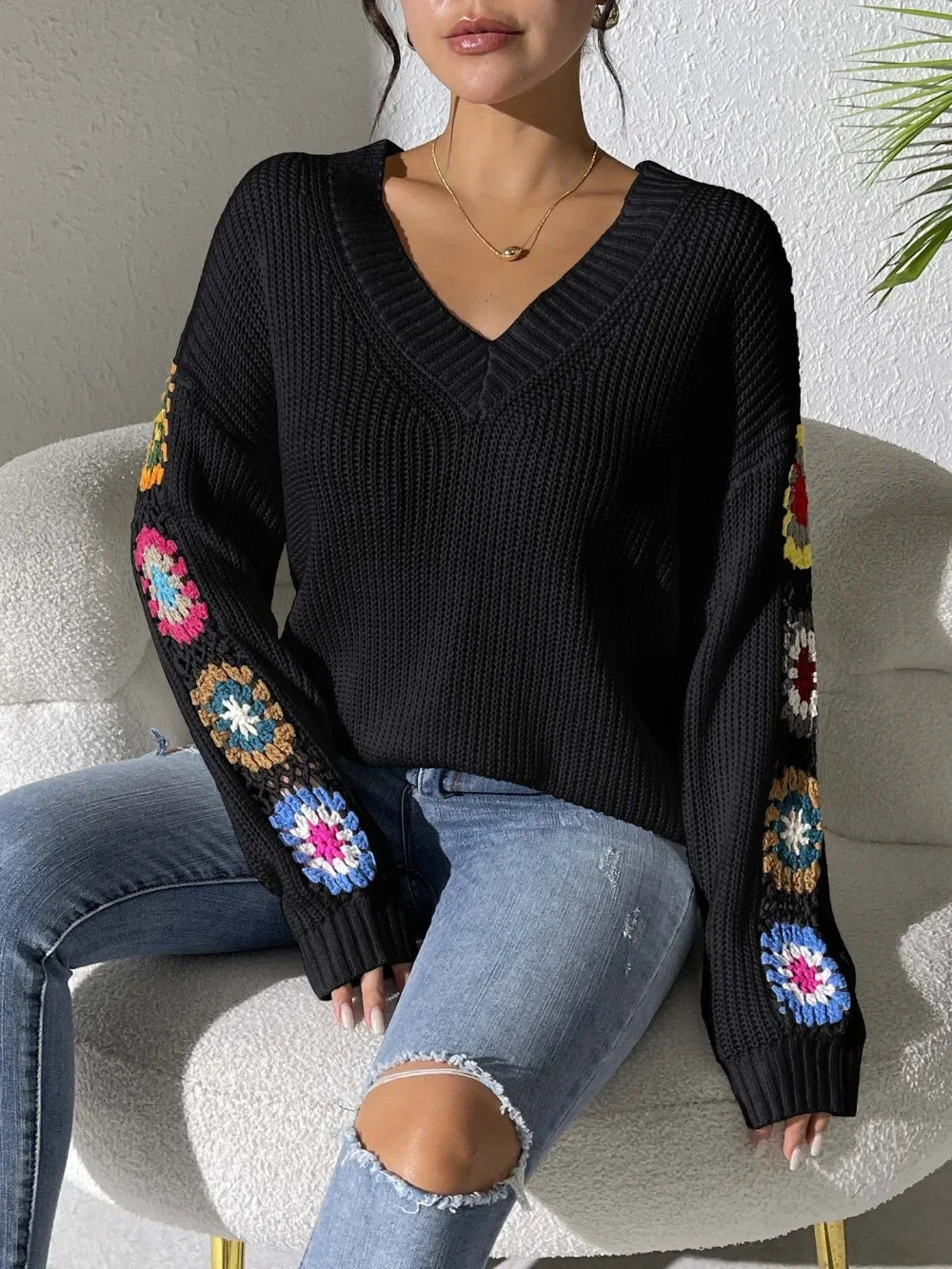 Kine | Scandinavian Floral Sleeve V-Neck Sweater - Premium Sweater from GetDore -   Shop now at Get Dore