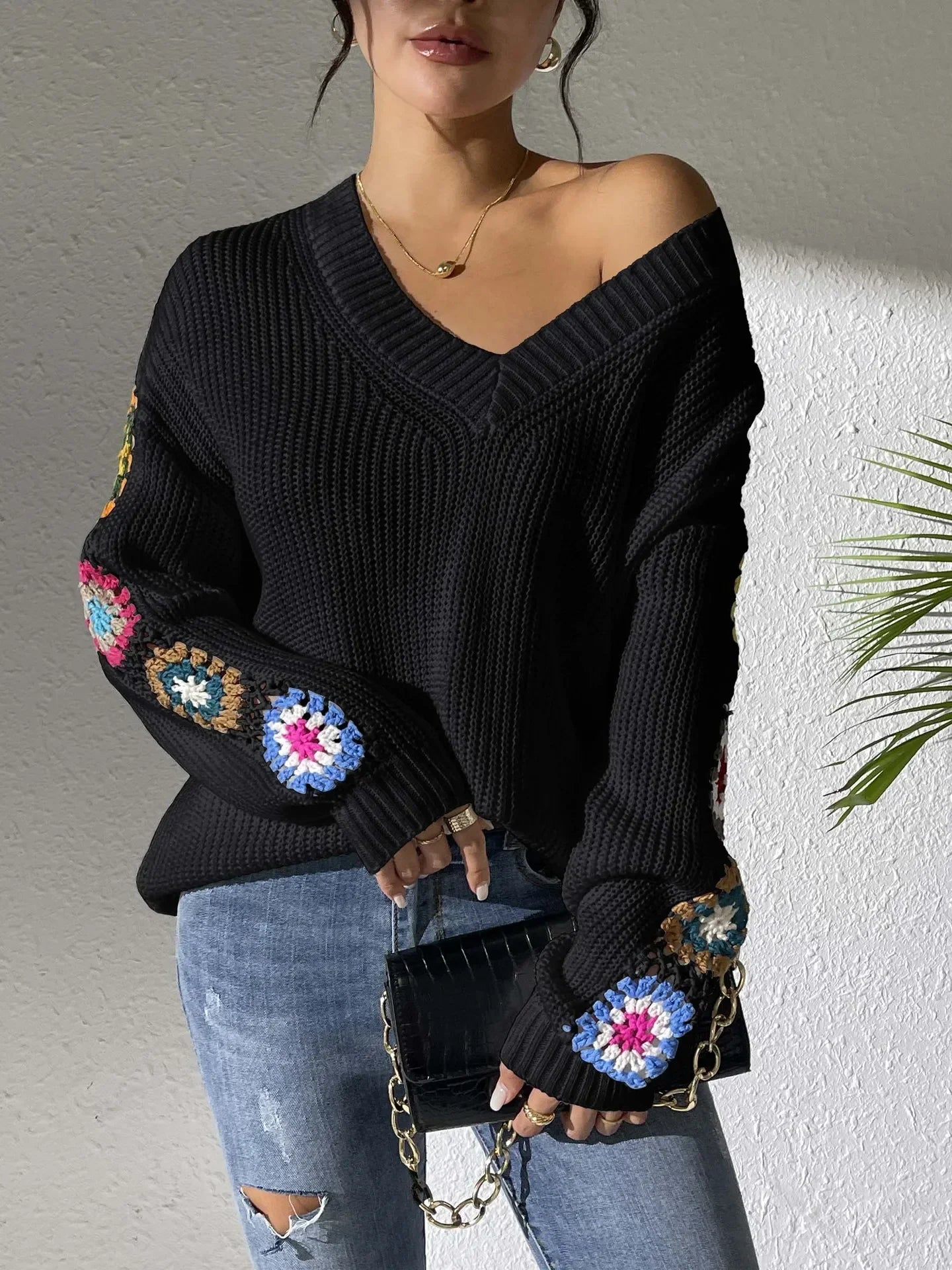 Kine | Scandinavian Floral Sleeve V-Neck Sweater - Premium Sweater from GetDore -   Shop now at Get Dore