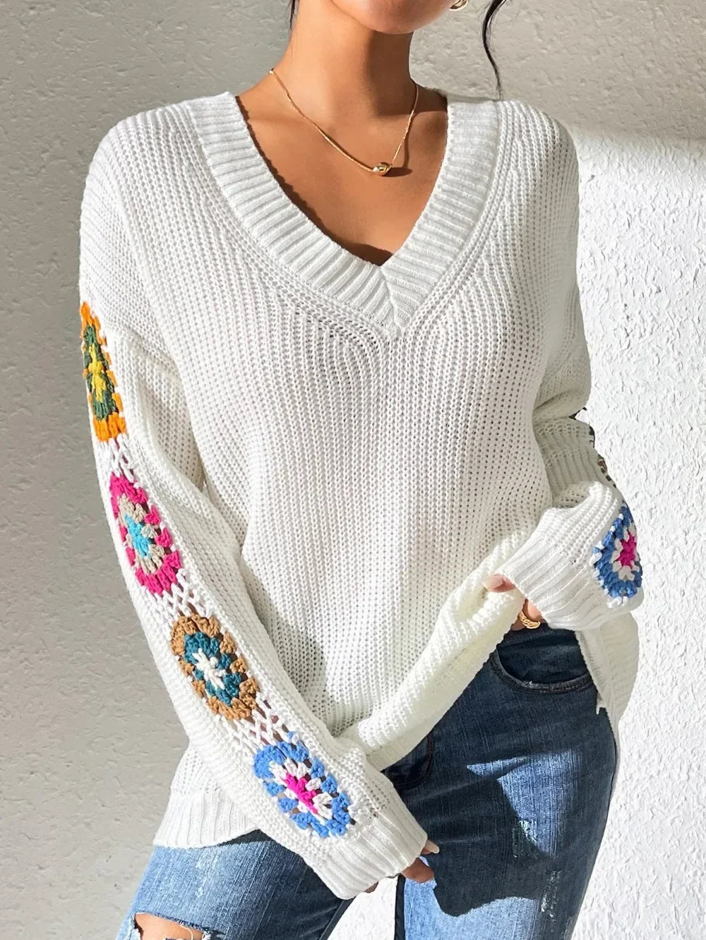 Kine | Scandinavian Floral Sleeve V-Neck Sweater - Premium Sweater from GetDore -   Shop now at Get Dore