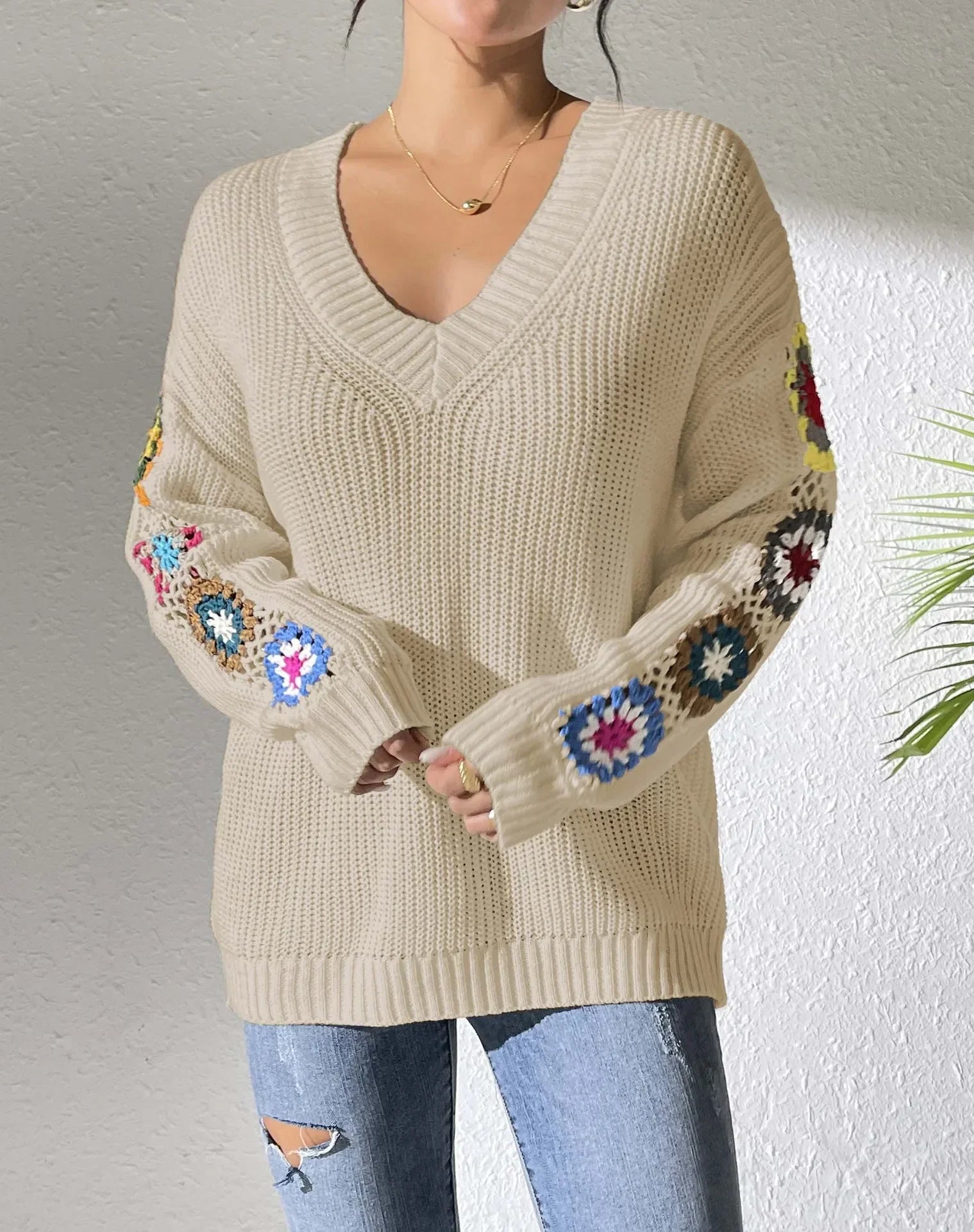 Kine | Scandinavian Floral Sleeve V-Neck Sweater - Premium Sweater from GetDore -   Shop now at Get Dore