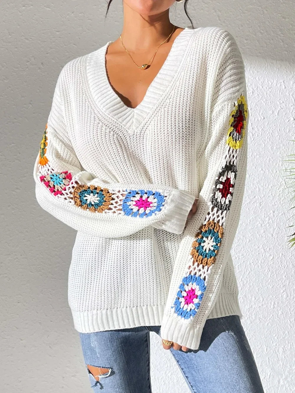 Kine | Scandinavian Floral Sleeve V-Neck Sweater - Premium Sweater from GetDore -   Shop now at Get Dore